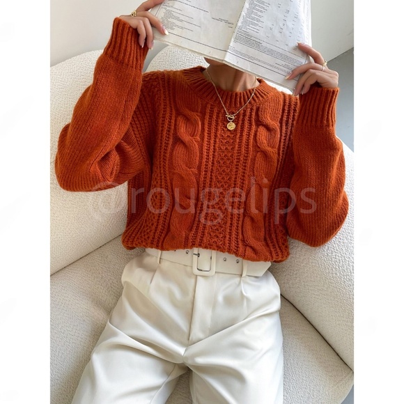 Rust Brown Cable Knit Sweater Pullover - Picture 3 of 7